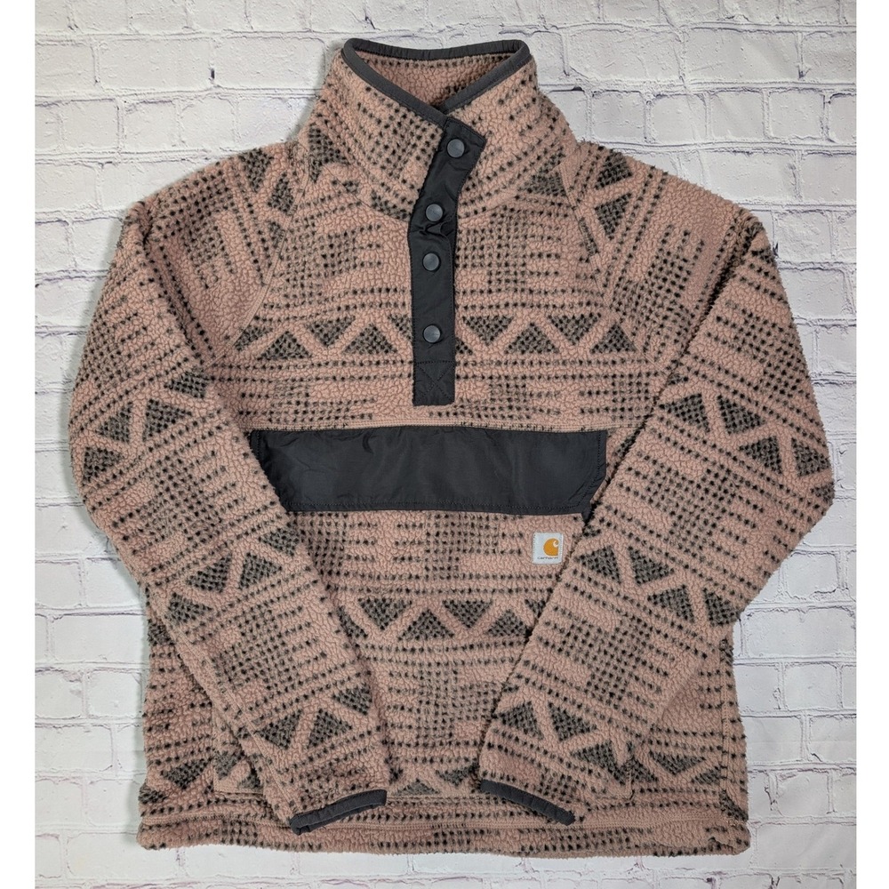 Carhartt OJ4991-W Sherpa Fleece Pullover Womens M Polyester Pink Aztec Snap Mock
